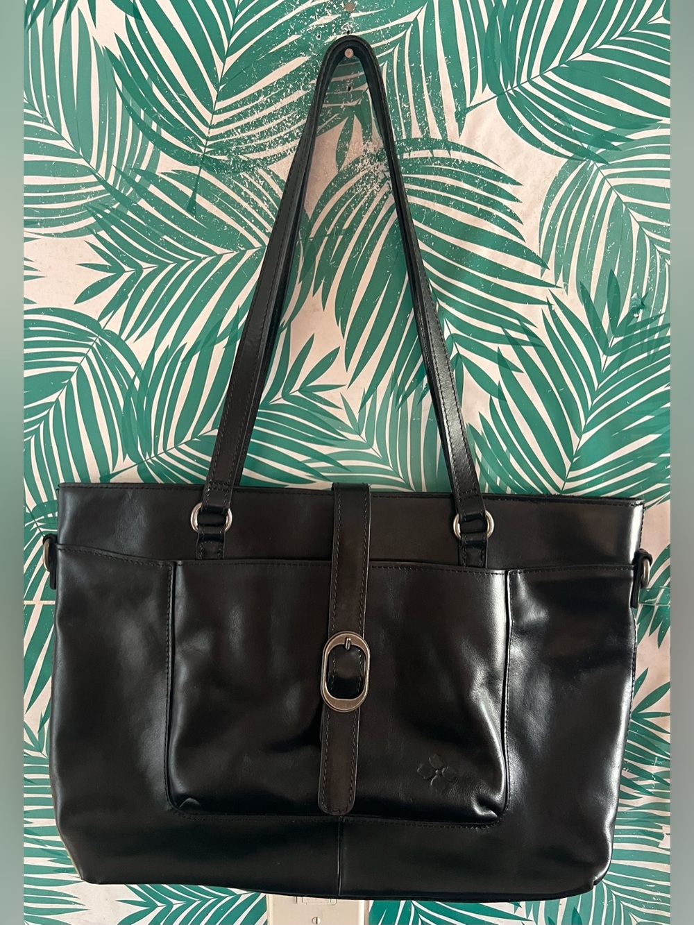 Patricia Nash Alanya Tote in Sleek Black leather front buckle tan interior nwot